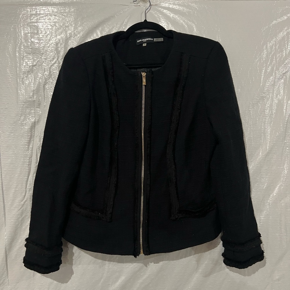 Karl Lagerfeld Black Tweed Zip Up Blazer Jacket Size 16 US
